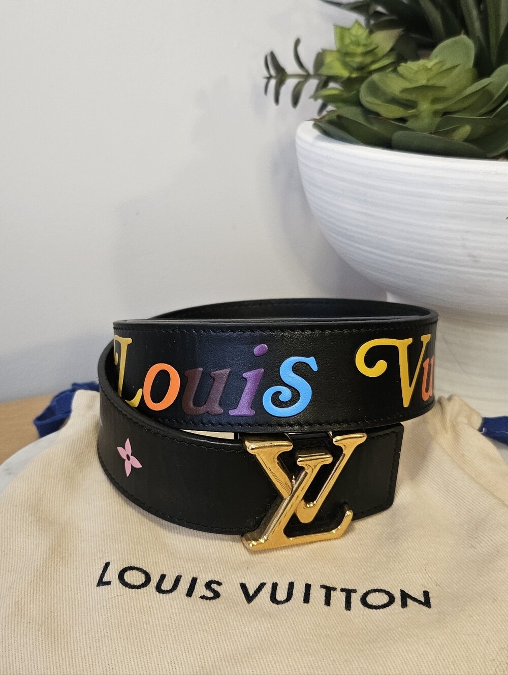 Louis Vuitton Black Leather Belt in Multicolor Signature with Gold Buckle 💖